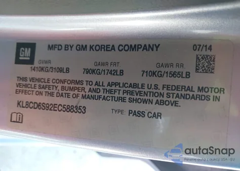 2014 Chevrolet Spark 1Lt Auto из США, поврежденный, VIN KL8CD6S92EC588353